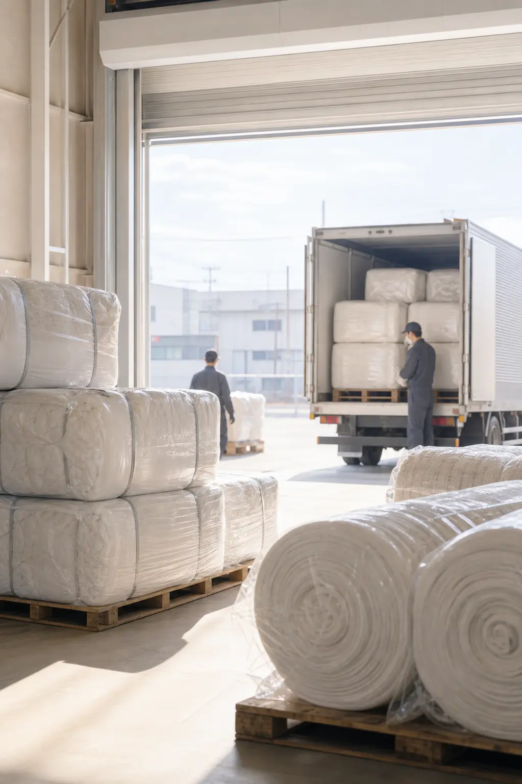 繊維原料を出荷する倉庫と配送トラック